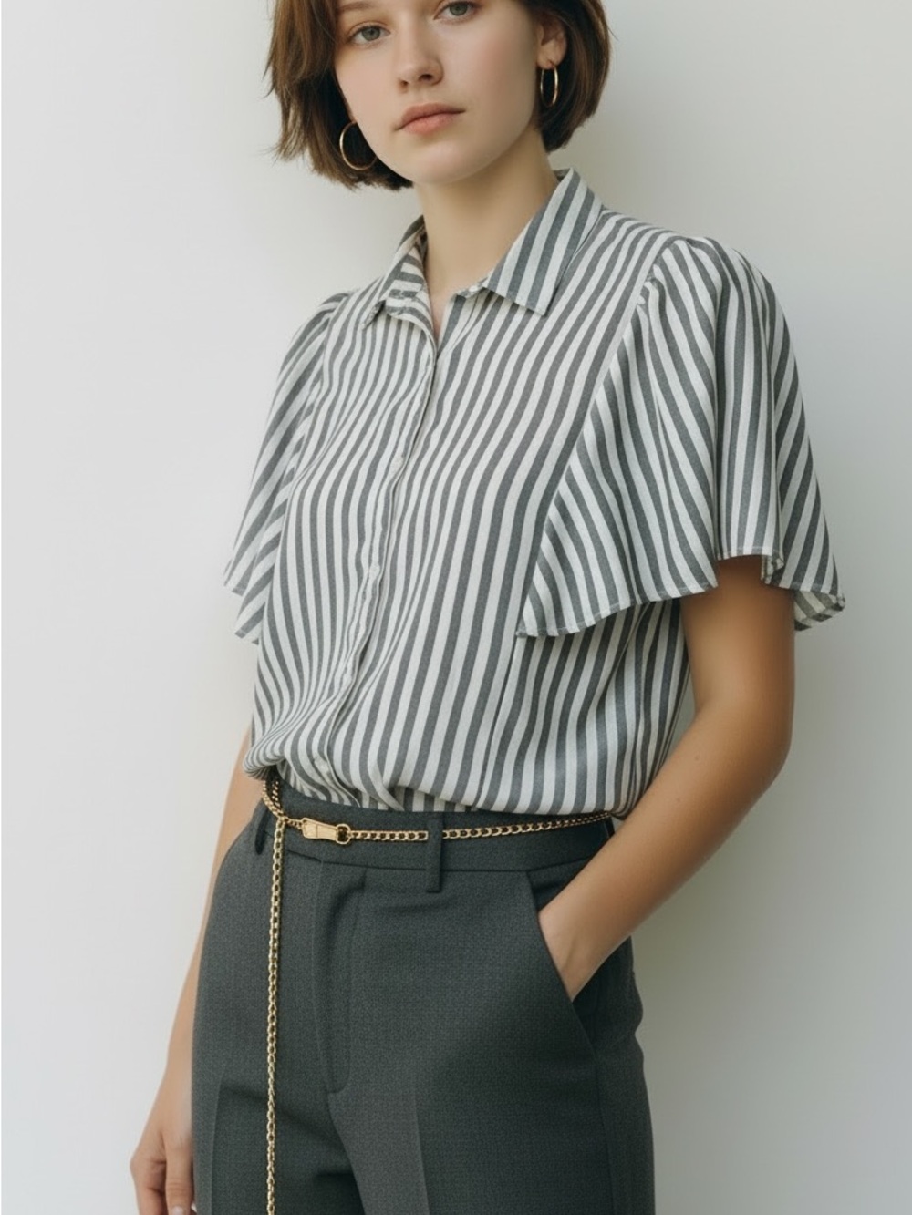 S- Striped Flutter-Sleeve Button-Up Top in Gray and White